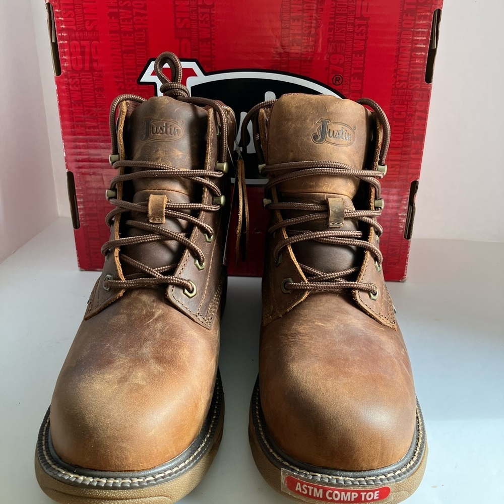 Justin Cowhide Work Boots, Men’s 9ee, Leather, Comp Safety Toe, Brown, Nwt